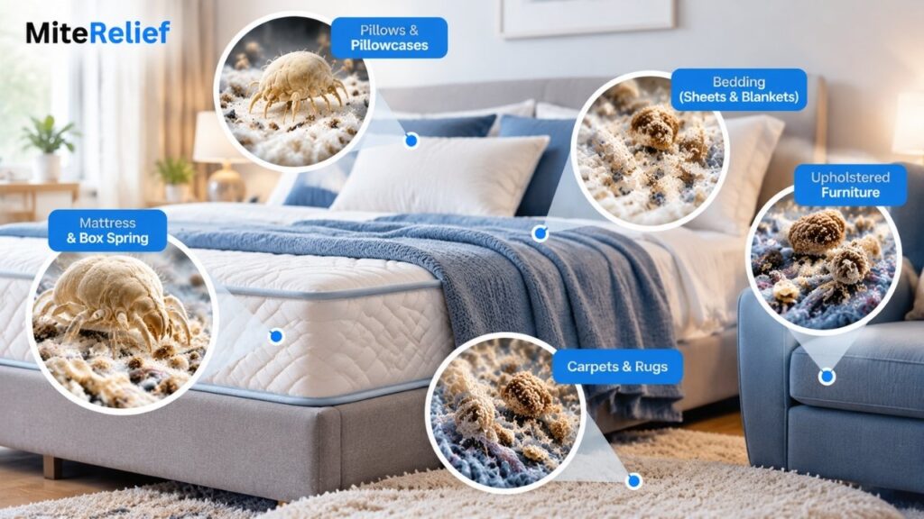 Dust mite allergens collecting in mattress, pillows, and bedding