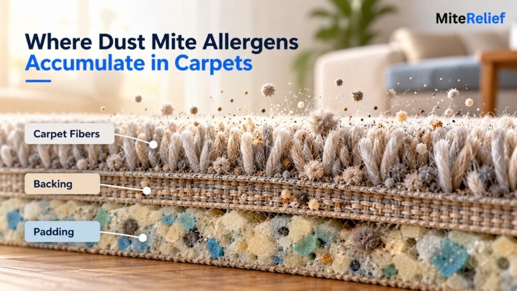 Cutaway illustration showing carpet fibers, backing, underlay, and accumulated dust particles.