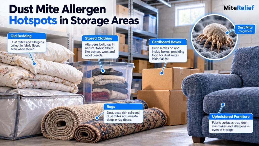 dust-mite-allergens-storage-items.webp Storage area showing old bedding, clothing, rugs, cardboard boxes, and upholstered furniture where dust and allergens may collect