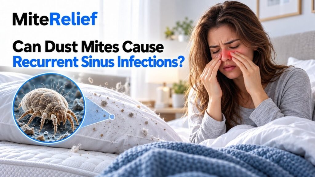Person experiencing recurring sinus symptoms linked to dust mite allergy exposure