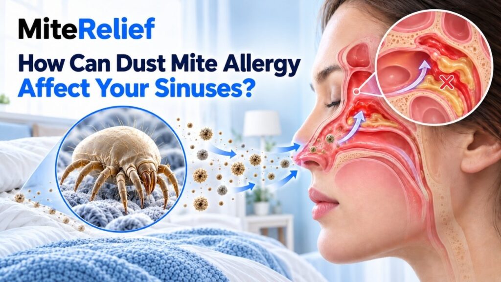 Dust mite allergens causing nasal inflammation and blocked sinus drainage
