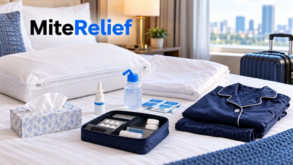 Travel allergy kit with pillow cover, nasal spray, saline rinse, tissues, medicine pouch, and clean sleepwear