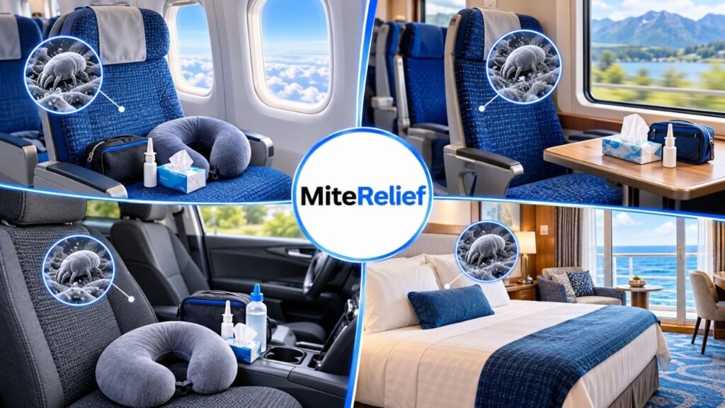 Travel allergen infographic showing airplane seat, train seat, rental car interior, cruise cabin, and allergy supplies
