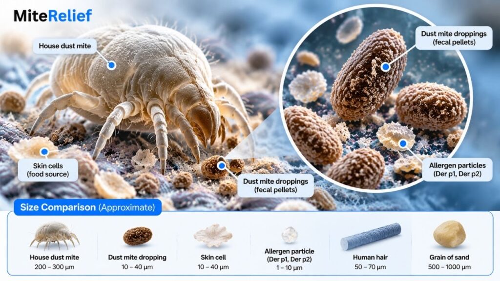 Microscopic view of dust mite fecal pellets and allergen particles