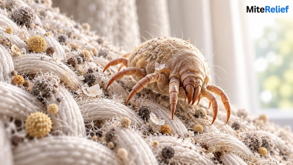 Close-up illustration of a dust mite with eight legs on curtain fibers with trapped allergens
