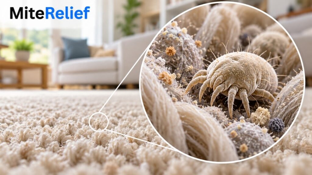 Scientific illustration of a house dust mite among carpet fibers.