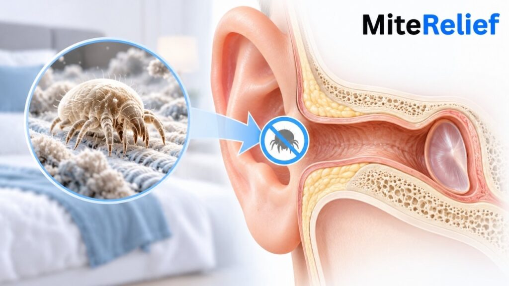 dust_mites_blocked_from_the_ear.webp Medical illustration of the human ear showing that house dust mites are not typical ear canal inhabitants