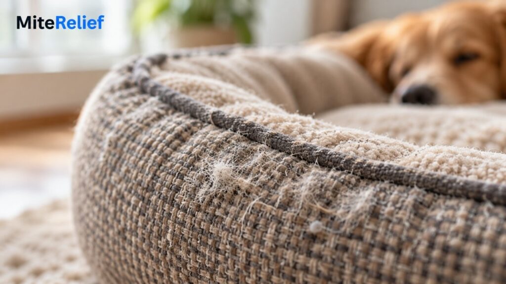 Close-up of fabric pet bedding where household dust and allergens may collect.