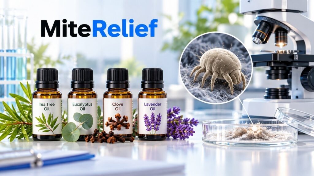 Tea tree, eucalyptus, clove and lavender essential oils beside a laboratory microscope