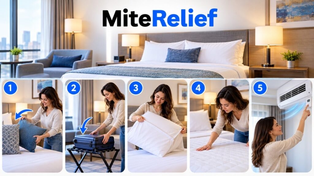 Step-by-step hotel room check showing pillow removal, luggage on a rack, pillow cover, bedding check, and ventilation