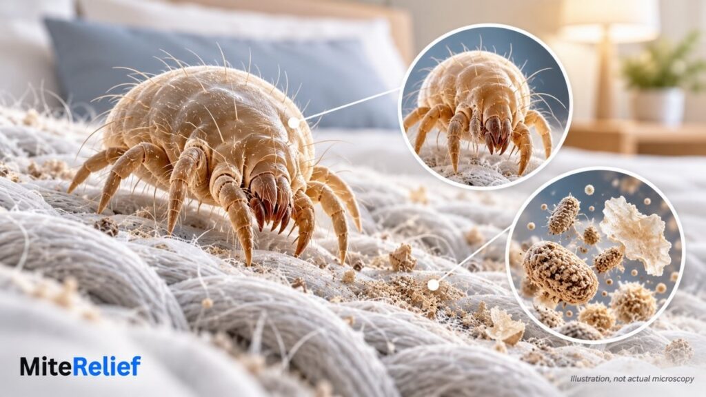 house-dust-mite-allergens-mattress.webp Scientific illustration of a house dust mite among mattress fibers