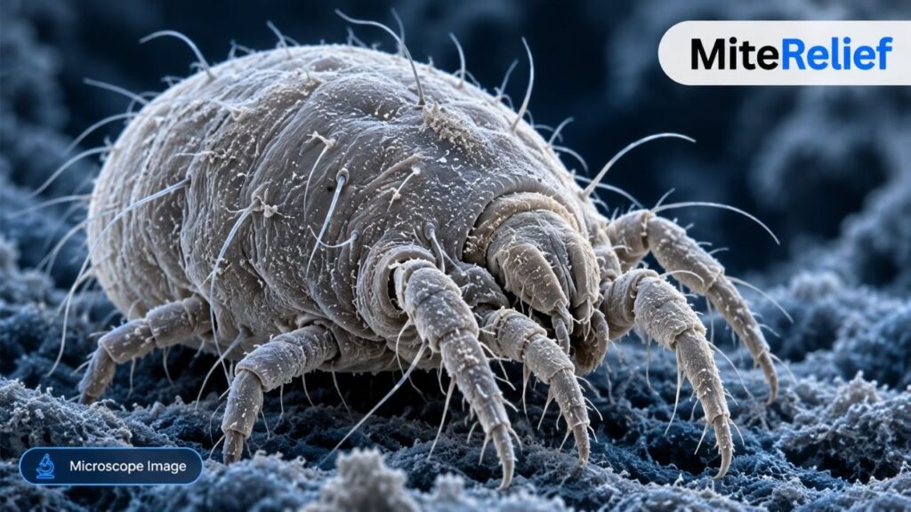 Magnified house dust mite viewed under a microscope