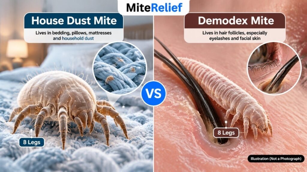 house-dust-mites-vs-demodex.webp Scientific illustration comparing a house dust mite with a Demodex mite near an eyelash follicle.