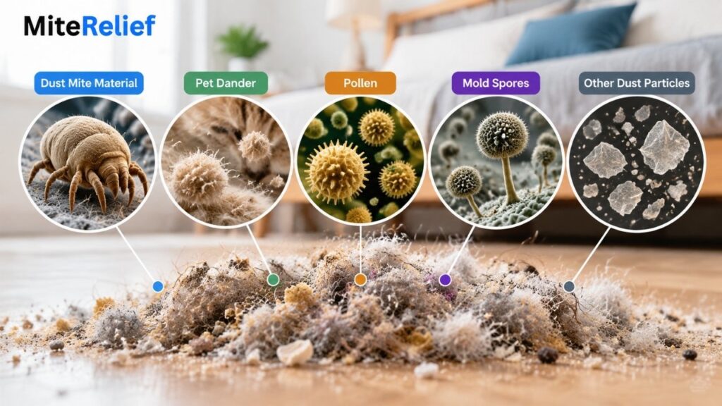 household-dust-allergen-components.webp Household dust components including dust mite allergens, pet dander, mold spores, and pollen