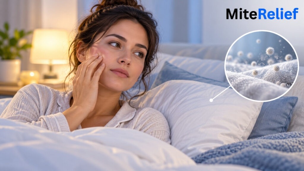 miterelief_nighttime_allergy_relief.webp Woman experiencing facial itching at night with microscopic allergen particles illustrated beside her bedding