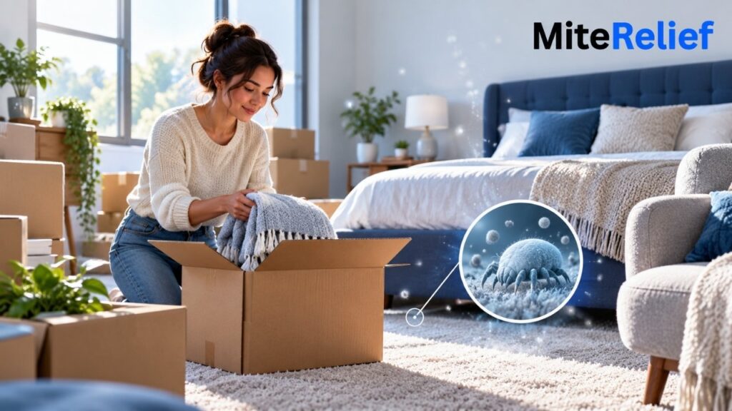 moving-home-dust-mite-allergen-exposure.webp Woman unpacking in a new bedroom with carpet, mattress, pillows, and a magnified house dust mite