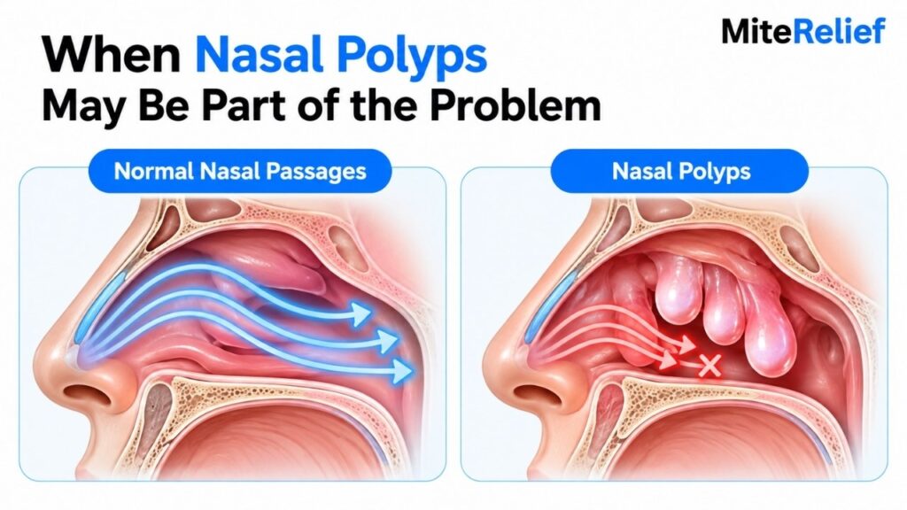 Medical illustration showing nasal polyps blocking airflow in nasal passages