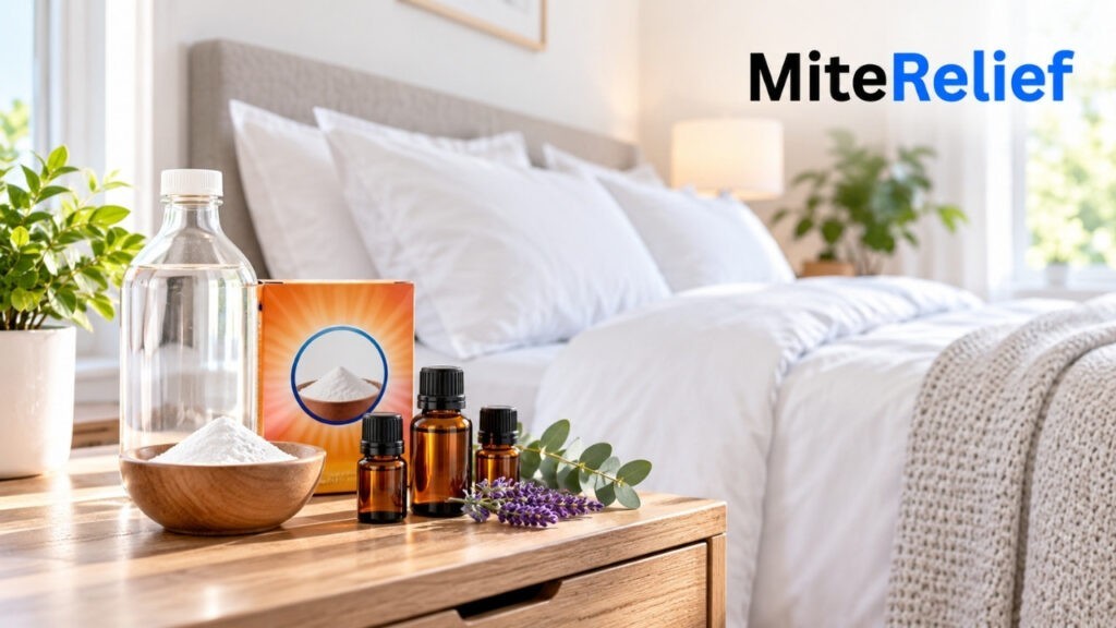 Vinegar, baking soda and essential oils displayed beside a bedroom mattress