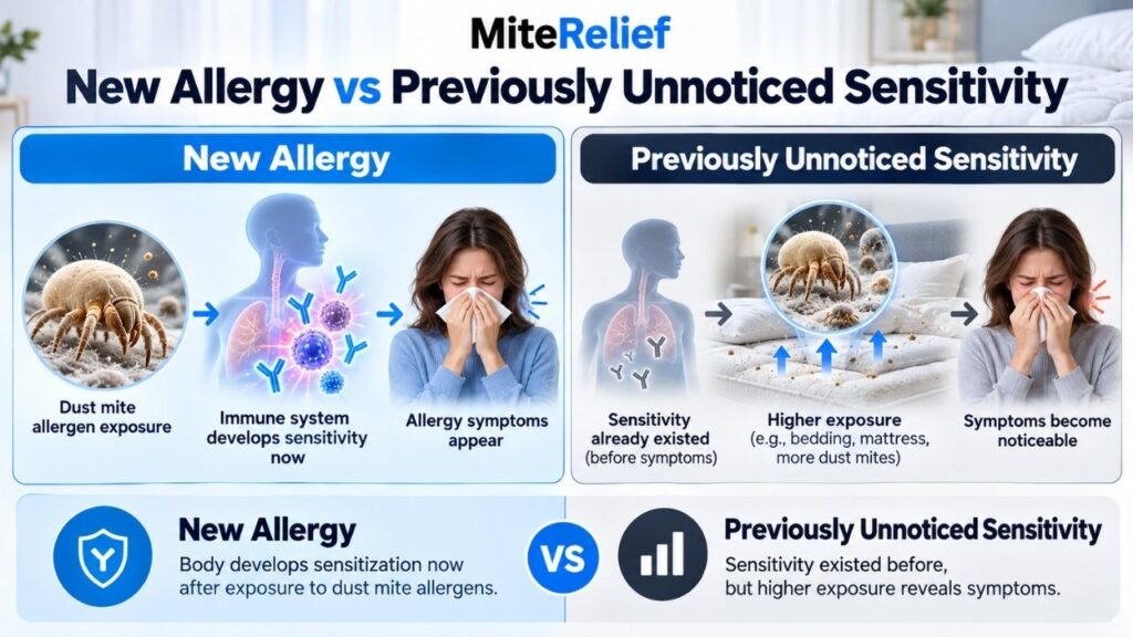 new-dust-mite-allergy-vs-existing-sensitivity.webp Two-panel infographic comparing new dust mite allergy sensitization with existing sensitivity becoming noticeable after increased exposure