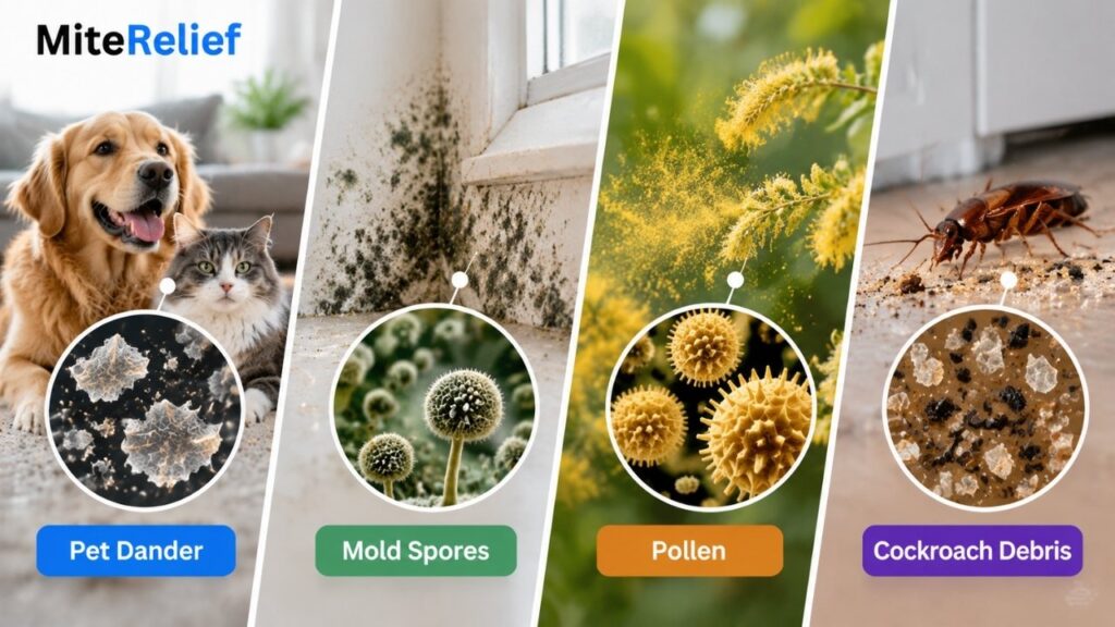 other-household-dust-allergens.webp Examples of household allergens including pet dander, mold spores, pollen, and cockroach debris
