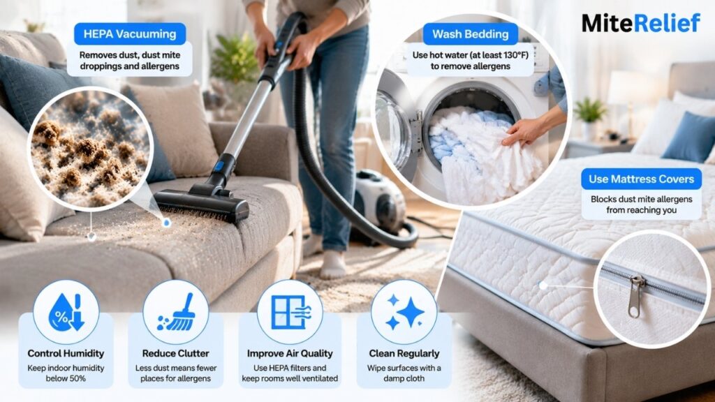Removing dust mite allergens with HEPA vacuum and bedding cleaning