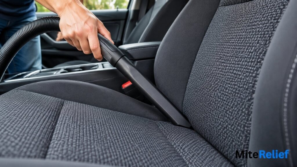 Vacuuming fabric car seats and upholstery to remove settled dust