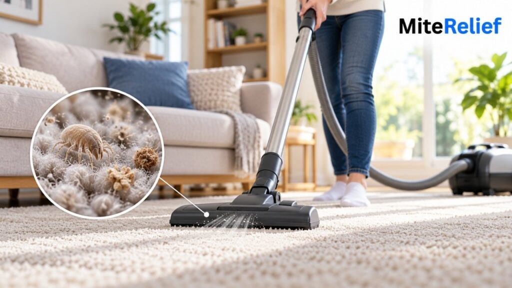 Person vacuuming a carpet with a HEPA-filter vacuum to remove dust and allergens.