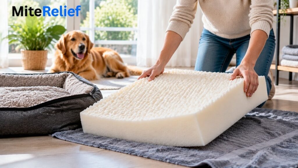 Foam dog bed insert being air-dried after cleaning according to manufacturer instructions.