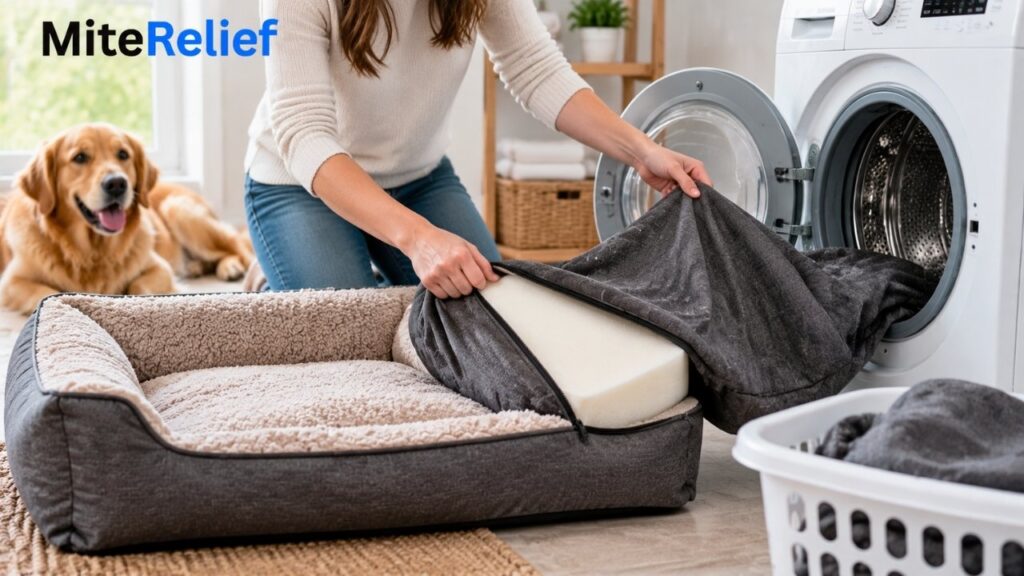 Removing a washable dog bed cover for cleaning according to its care label.
